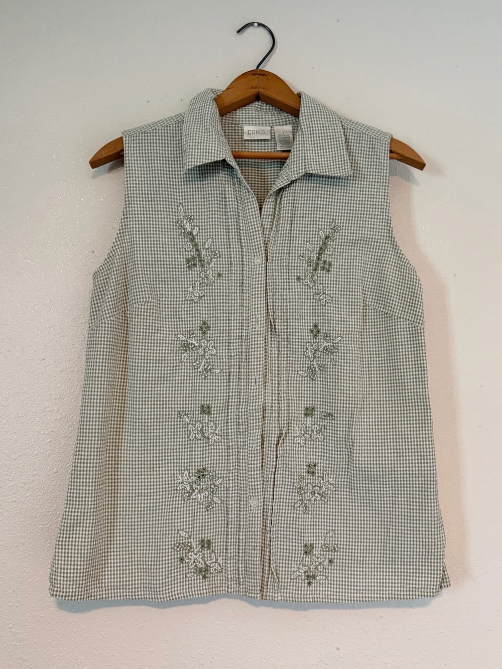 Vintage Gingham Sleeveless Button Down Green Tank, Erika sz S 100% Cotton